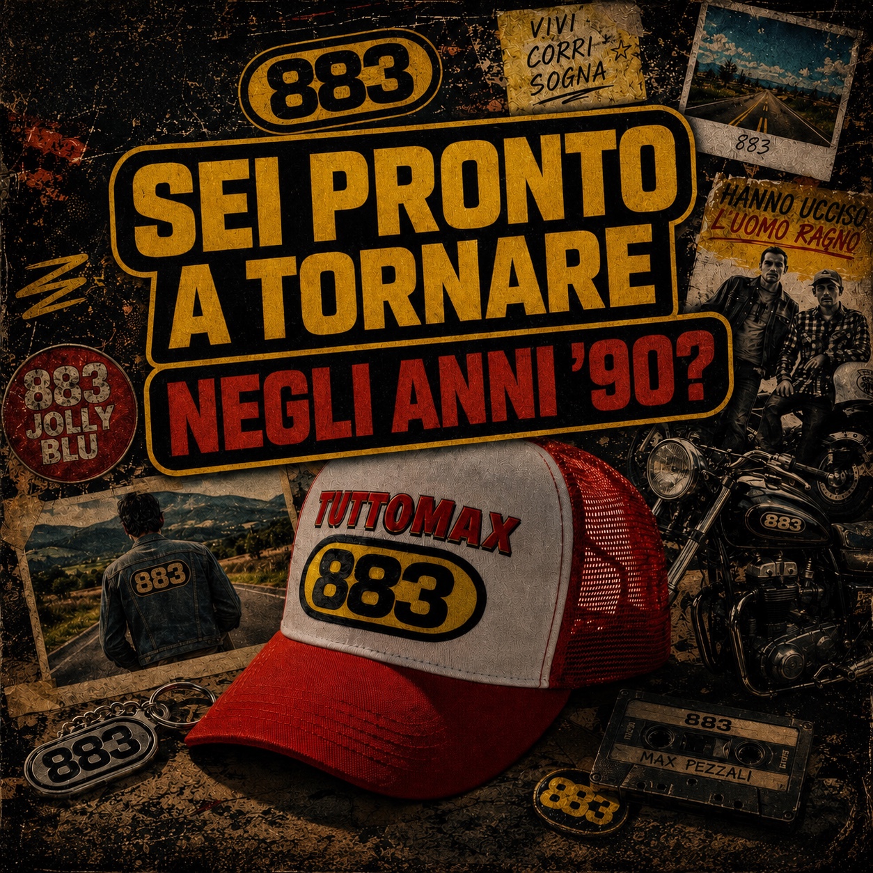Collage TUTTOMAX con cappellino, cassette e ricordi: sei pronto a tornare negli anni Novanta?